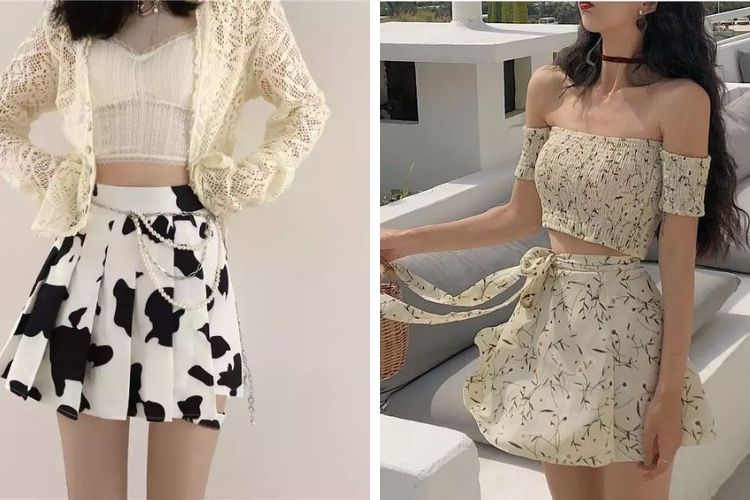 Chân váy xếp ly ngắn họa tiết